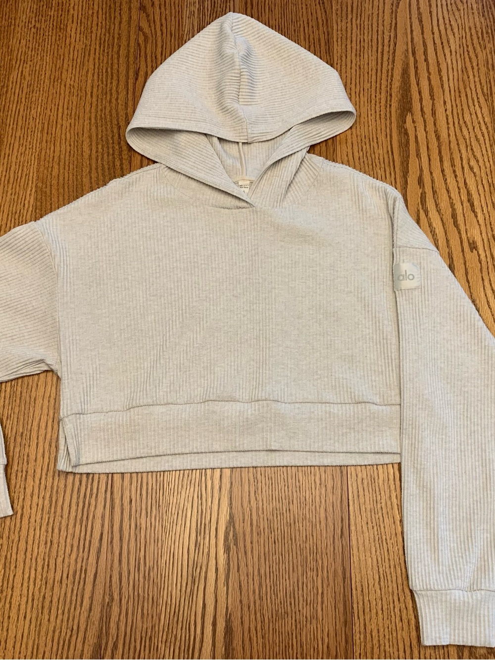 ALO Yoga Ribbed Cropped Hoodie in Light Beige